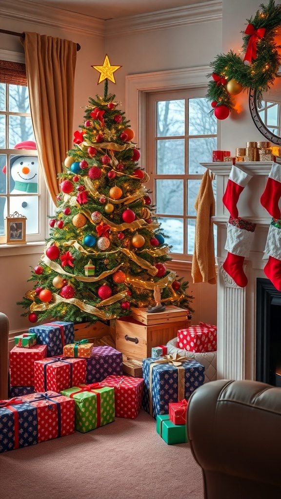 A cozy Christmas living room with a decorated tree, wrapped gifts, and a snowman outside the window.